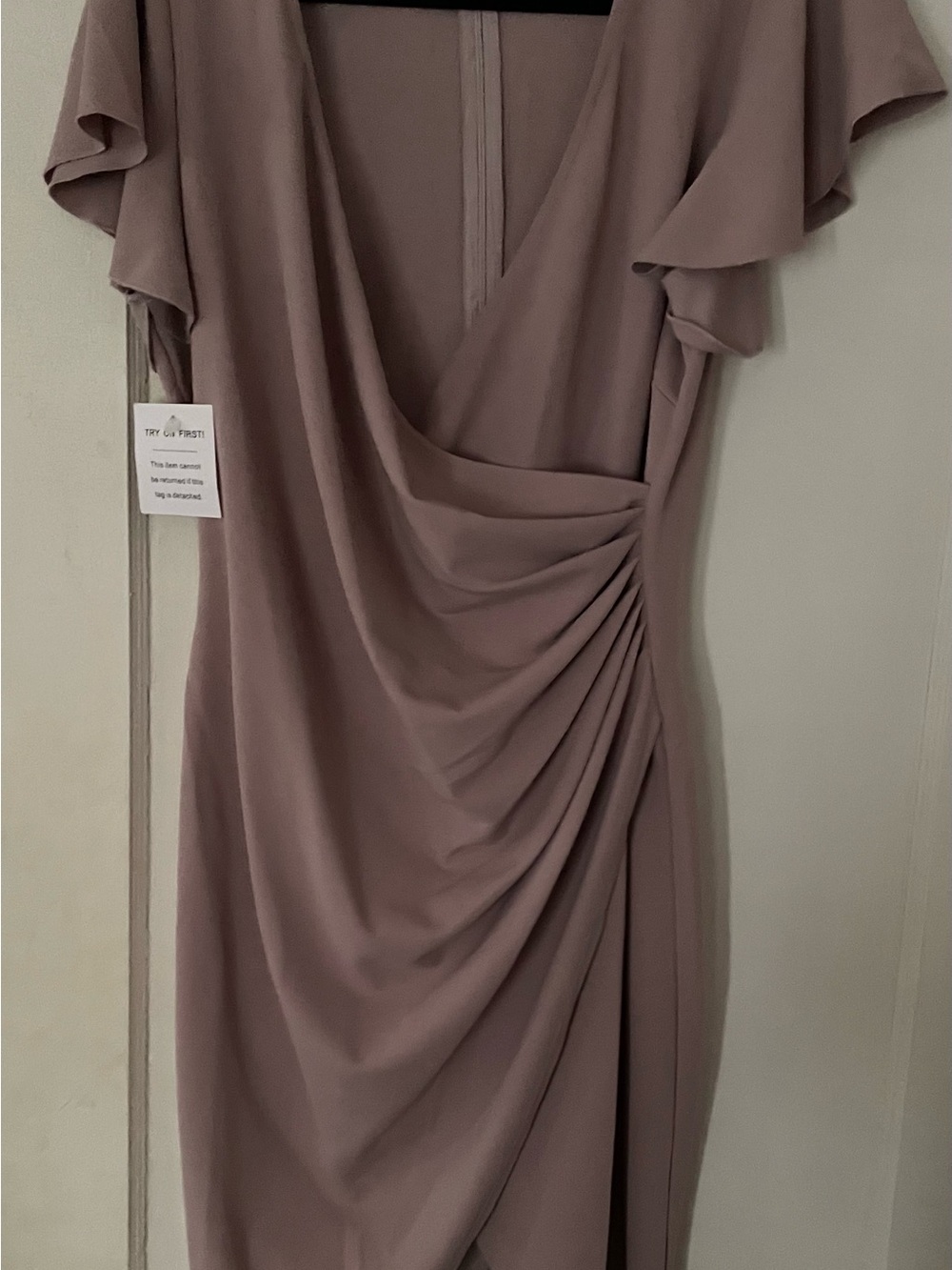 Mauve Ruched V-Neck Midi Dress with Flutter Sleeves